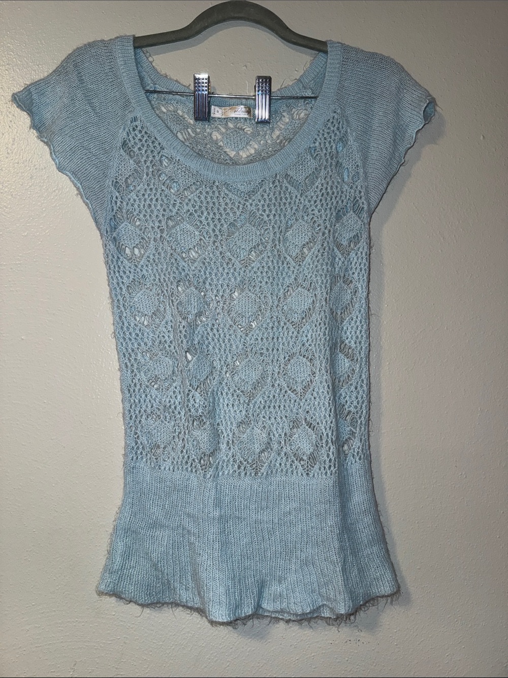 Light Blue Open-Knit Cap Sleeve Sweater Top
